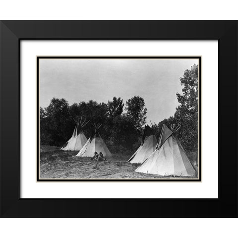 An Assiniboin camp containing four tepees with Indians seated on ground Black Modern Wood Framed Art Print with Double Matting by Curtis, Edward