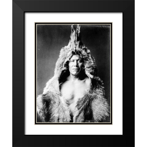 Bears Belly, Arikara Indian, wearing bearskin Black Modern Wood Framed Art Print with Double Matting by Curtis, Edward