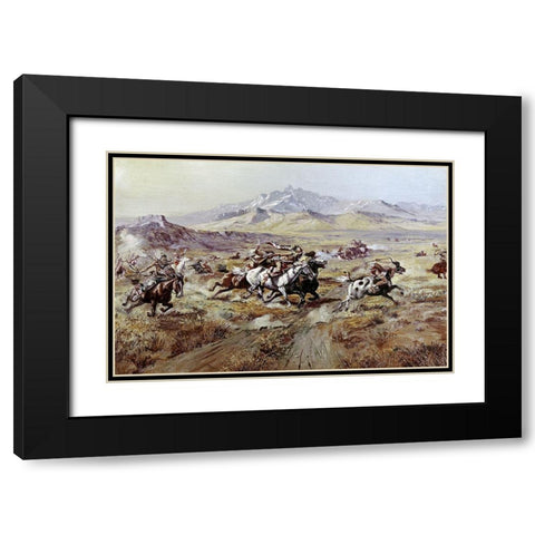 Stage Coach Attack Black Modern Wood Framed Art Print with Double Matting by Russell, Charles Marion
