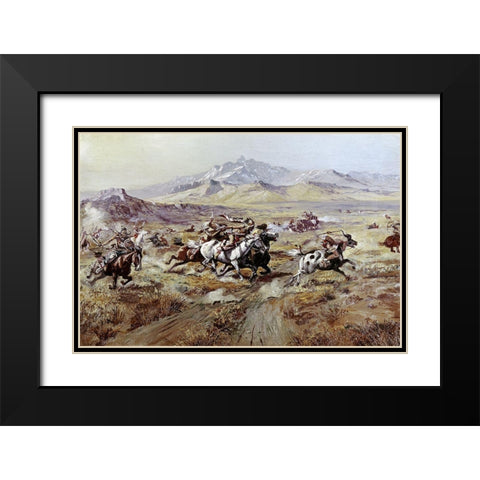 Stage Coach Attack Black Modern Wood Framed Art Print with Double Matting by Russell, Charles Marion