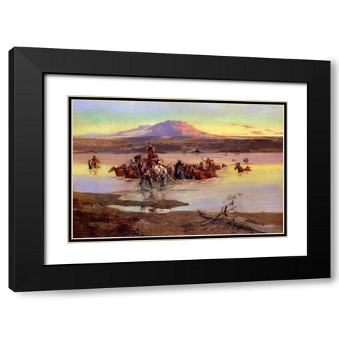 Fording the Horse Herd Black Modern Wood Framed Art Print with Double Matting by Russell, Charles Marion