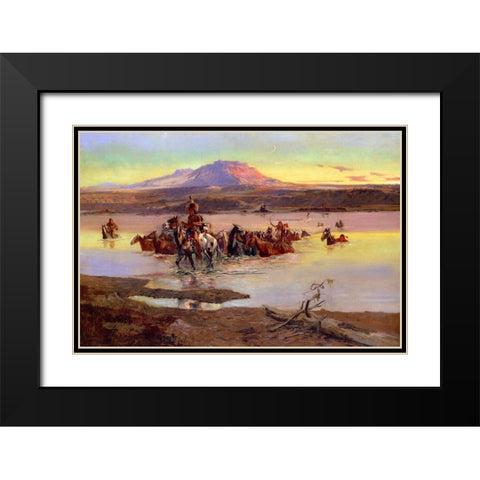 Fording the Horse Herd Black Modern Wood Framed Art Print with Double Matting by Russell, Charles Marion
