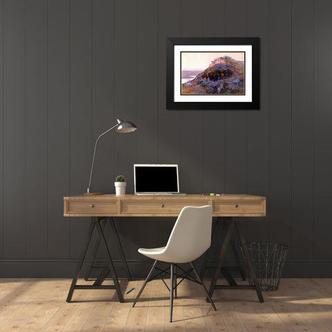 Buffalo Herd at Bay Black Modern Wood Framed Art Print with Double Matting by Russell, Charles Marion