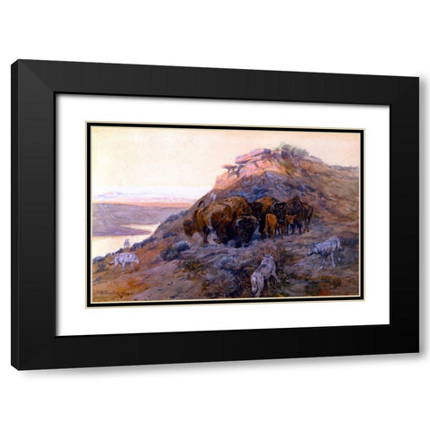 Buffalo Herd at Bay Black Modern Wood Framed Art Print with Double Matting by Russell, Charles Marion