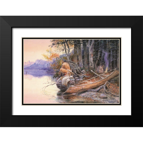 Indian Camp Lake McDonald Black Modern Wood Framed Art Print with Double Matting by Russell, Charles Marion