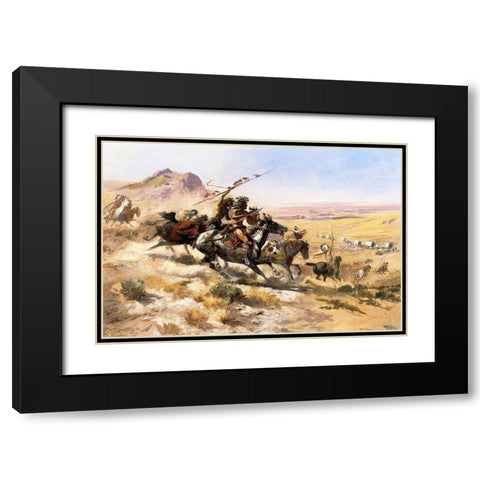 Attack on a Wagon Train Black Modern Wood Framed Art Print with Double Matting by Russell, Charles Marion