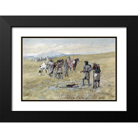 Captain Lewis Meeting the Shoshones Black Modern Wood Framed Art Print with Double Matting by Russell, Charles Marion