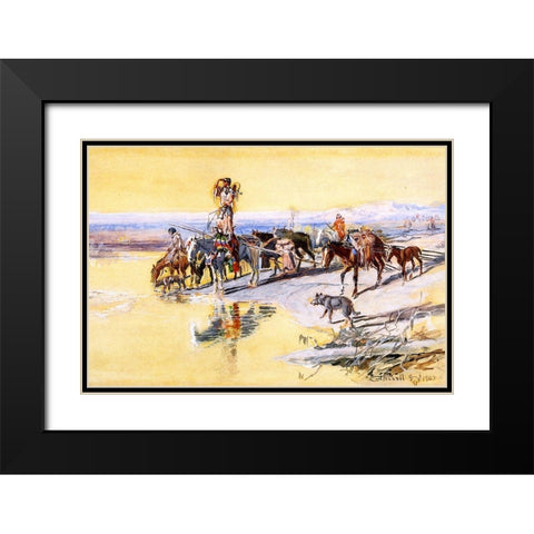 Indians Traveling on Travois Black Modern Wood Framed Art Print with Double Matting by Russell, Charles Marion