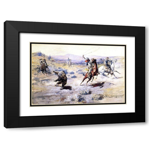 Roping a Grizzly Black Modern Wood Framed Art Print with Double Matting by Russell, Charles Marion