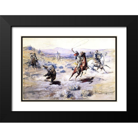 Roping a Grizzly Black Modern Wood Framed Art Print with Double Matting by Russell, Charles Marion