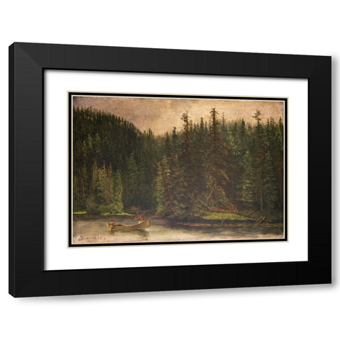 Indian Hunters in Canoe Black Modern Wood Framed Art Print with Double Matting by Bierstadt, Albert