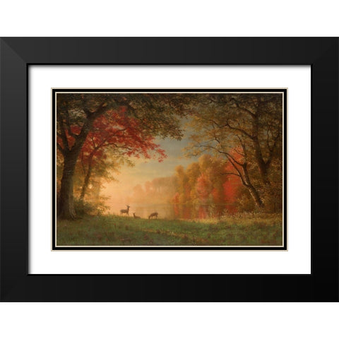 Indian Sunset, Deer by a Lake Black Modern Wood Framed Art Print with Double Matting by Bierstadt, Albert