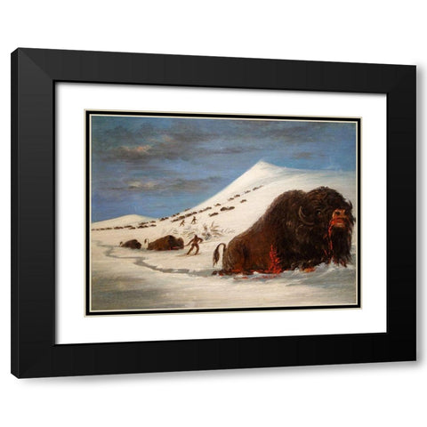 Buffalo Hunt in Snow Shoes Black Modern Wood Framed Art Print with Double Matting by Catlin, George