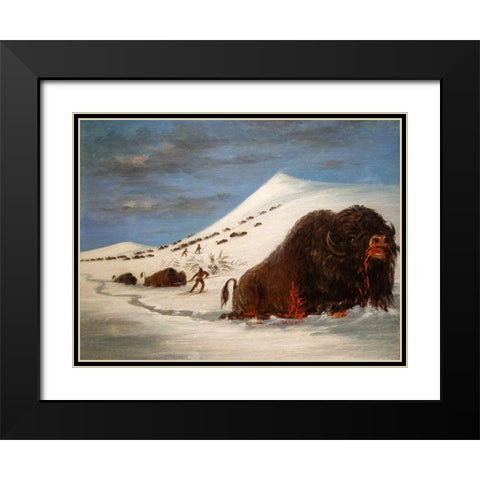 Buffalo Hunt in Snow Shoes Black Modern Wood Framed Art Print with Double Matting by Catlin, George