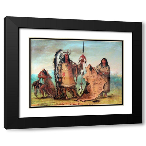 Mandan, Mato Tope with wife and son Black Modern Wood Framed Art Print with Double Matting by Catlin, George
