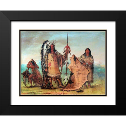Mandan, Mato Tope with wife and son Black Modern Wood Framed Art Print with Double Matting by Catlin, George