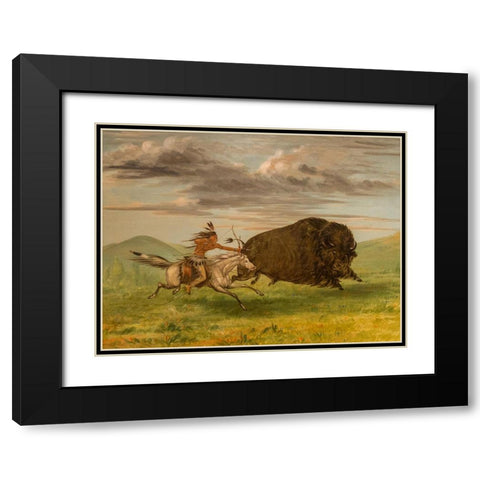 Indian Killing Buffalo with Bow and Arrow Black Modern Wood Framed Art Print with Double Matting by Catlin, George