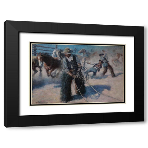 Roping Horses in the Corral Black Modern Wood Framed Art Print with Double Matting by Wyeth, N.C.