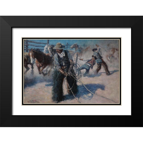Roping Horses in the Corral Black Modern Wood Framed Art Print with Double Matting by Wyeth, N.C.