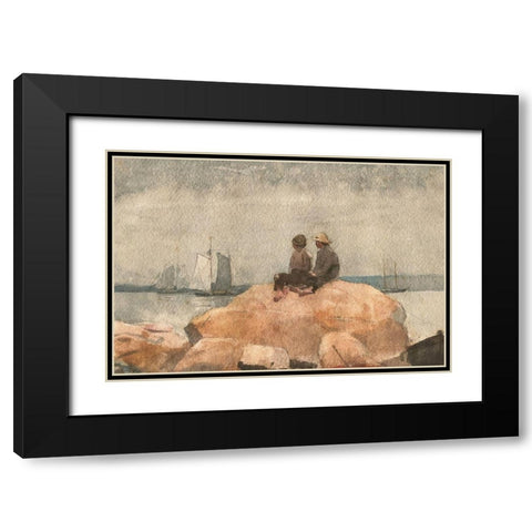 Two Boys Watching Schooners Black Modern Wood Framed Art Print with Double Matting by Homer, Winslow