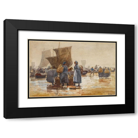 Fisherfolk on the Beach at Cullercoats Black Modern Wood Framed Art Print with Double Matting by Homer, Winslow