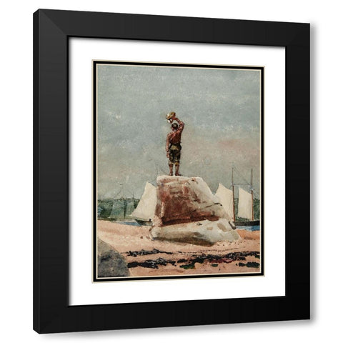 Boy Hailing Schooners Black Modern Wood Framed Art Print with Double Matting by Homer, Winslow