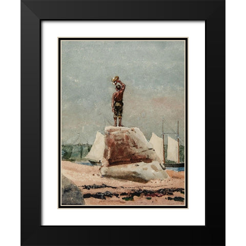 Boy Hailing Schooners Black Modern Wood Framed Art Print with Double Matting by Homer, Winslow