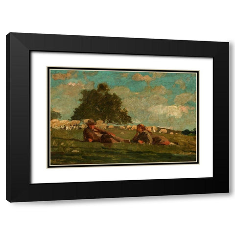 Boy and Girl in a Field with Sheep Black Modern Wood Framed Art Print with Double Matting by Homer, Winslow
