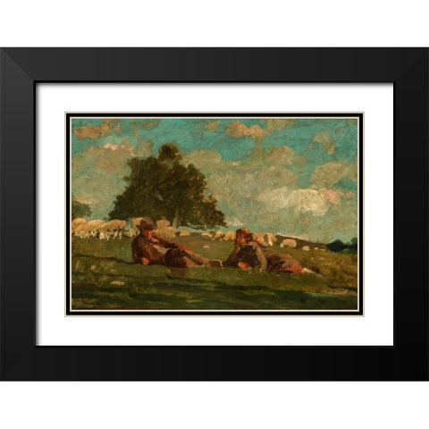 Boy and Girl in a Field with Sheep Black Modern Wood Framed Art Print with Double Matting by Homer, Winslow
