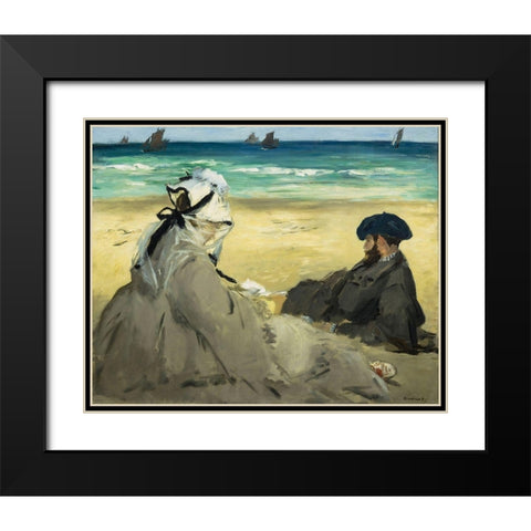 On the Beach Black Modern Wood Framed Art Print with Double Matting by Manet, Edouard