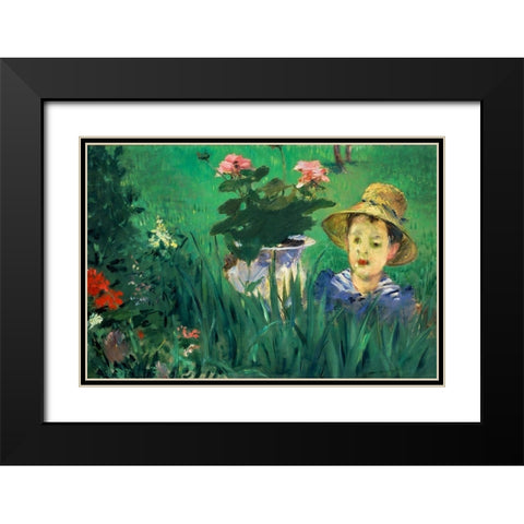 Boy in Flowers Black Modern Wood Framed Art Print with Double Matting by Manet, Edouard