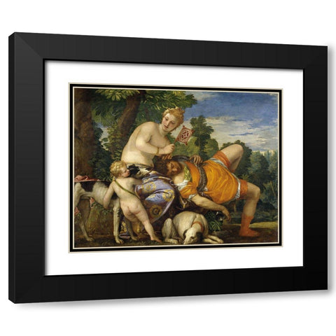 Venus and Adonis Black Modern Wood Framed Art Print with Double Matting by Veronese, Paolo