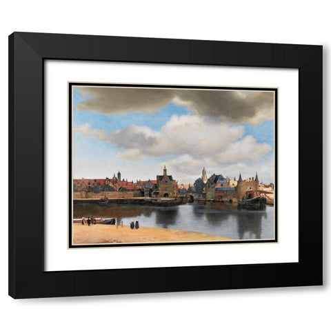 View of Delft Black Modern Wood Framed Art Print with Double Matting by Vermeer, Johannes