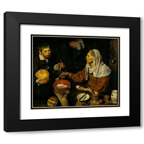 Old Woman Frying Eggs Black Modern Wood Framed Art Print with Double Matting by Velazquez, Diego