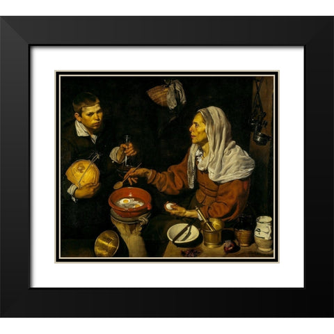 Old Woman Frying Eggs Black Modern Wood Framed Art Print with Double Matting by Velazquez, Diego