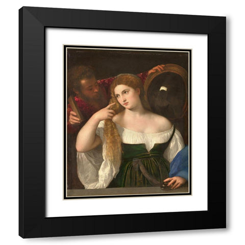 Woman with a Mirror Black Modern Wood Framed Art Print with Double Matting by Titian