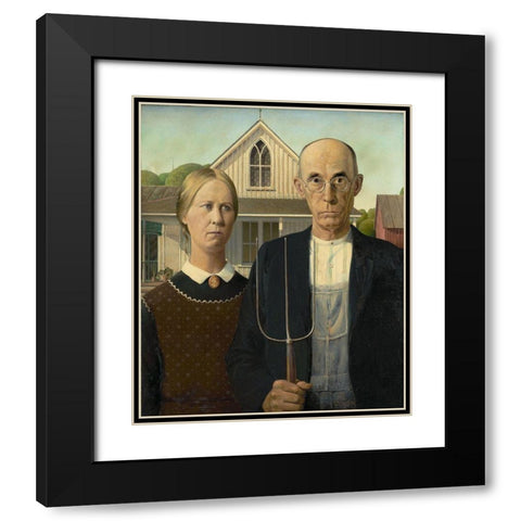 American Gothic Black Modern Wood Framed Art Print with Double Matting by Wood, Grant