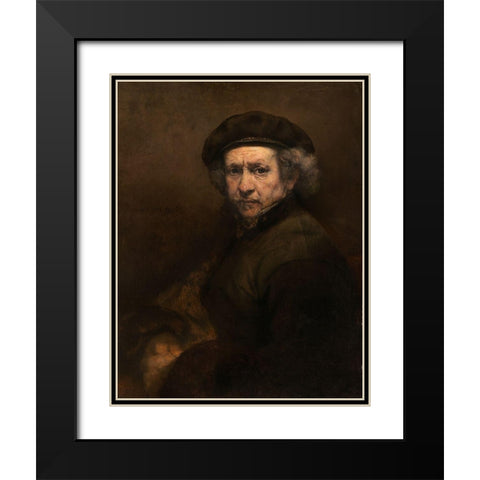 Self-Portrait with Beret and Turned-Up Collar Black Modern Wood Framed Art Print with Double Matting by Rembrandt