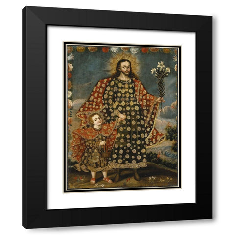 Saint Joseph and the Christ Child Black Modern Wood Framed Art Print with Double Matting by Cusco School