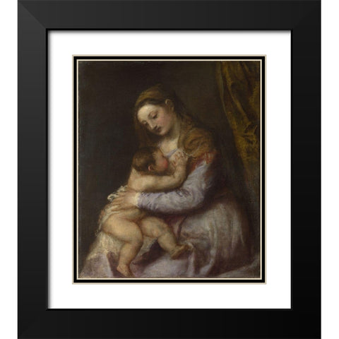 The Virgin suckling the Infant Christ Black Modern Wood Framed Art Print with Double Matting by Titian