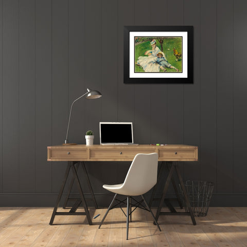Madame Monet and Her Son Black Modern Wood Framed Art Print with Double Matting by Renoir, Pierre-Auguste