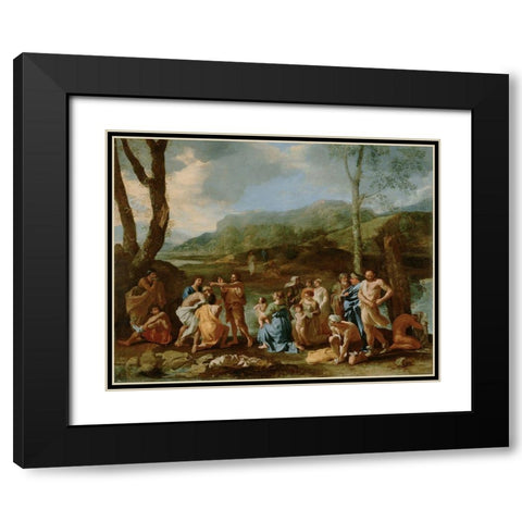 Saint John Baptizing in the River Jordan Black Modern Wood Framed Art Print with Double Matting by Poussin, Nicolas