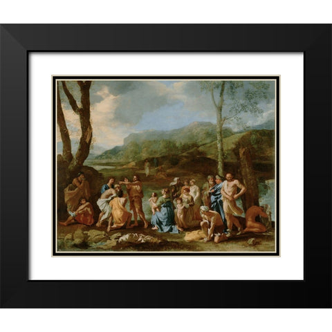 Saint John Baptizing in the River Jordan Black Modern Wood Framed Art Print with Double Matting by Poussin, Nicolas