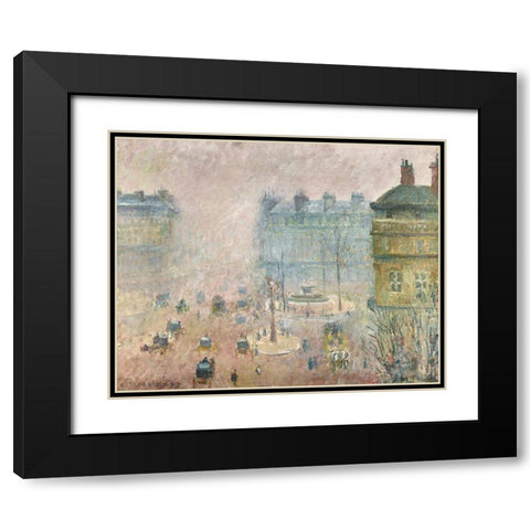 Place du Theatre Francais, Fog Effect Black Modern Wood Framed Art Print with Double Matting by Pissarro, Camille