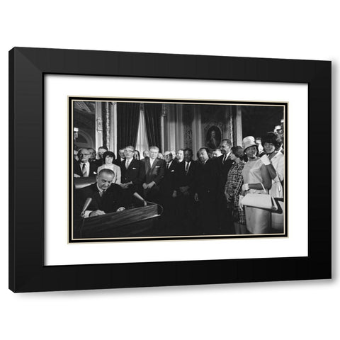 President Lyndon Johnson Signs the Voting Rights Act 1965 Black Modern Wood Framed Art Print with Double Matting by U.S. Archives