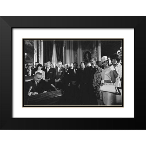 President Lyndon Johnson Signs the Voting Rights Act 1965 Black Modern Wood Framed Art Print with Double Matting by U.S. Archives