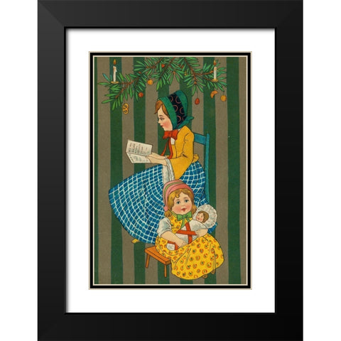 Christmas postcard with two seated girls Black Modern Wood Framed Art Print with Double Matting by Missouri History Museum