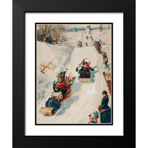 Tobogganing Black Modern Wood Framed Art Print with Double Matting by L. Prang & Co