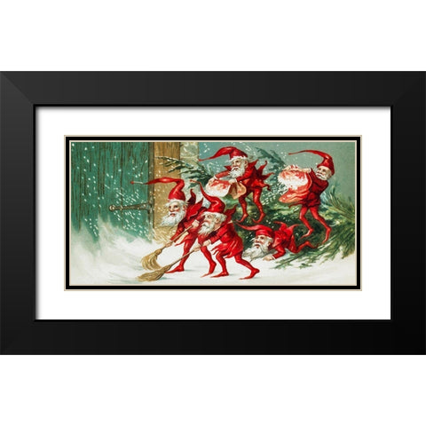 Santa elves sweeping snow  Black Modern Wood Framed Art Print with Double Matting by Wallach, Miriam and Ira D