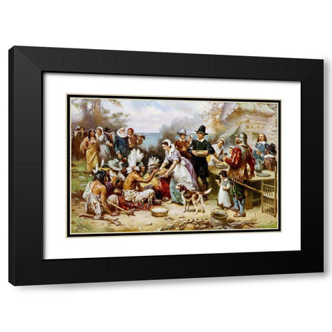 The First Thanksgiving, 1621 Black Modern Wood Framed Art Print with Double Matting by Ferris, Jean Leon Gerome